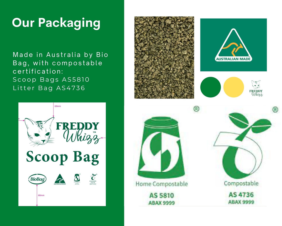 Eco packaging Australian made Freddy Whizz Compostable clumping cat litter for indoor cats Australia eco-friendly pet products biodegradable pet waste bags 